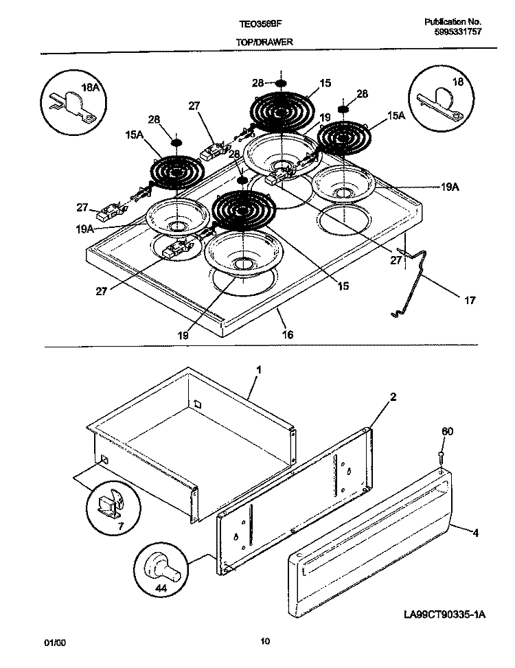 TOP / DRAWER Diagram and Parts List for TEO356BFW2  Tappan Range
