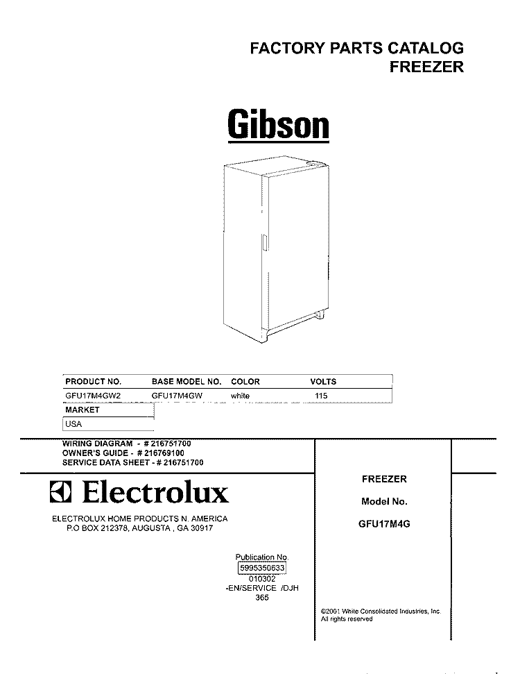 COVER Diagram and Parts List for GFU17M4GW2  Gibson Freezer