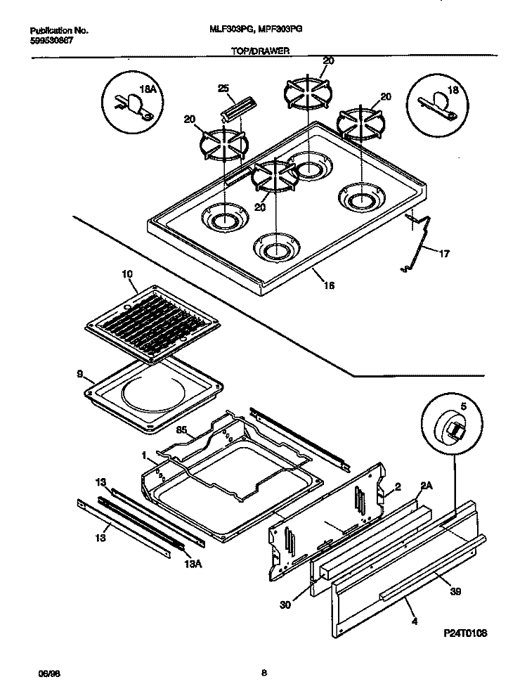 TOP / DRAWER Diagram and Parts List for MLF303PGDA  Frigidaire Range