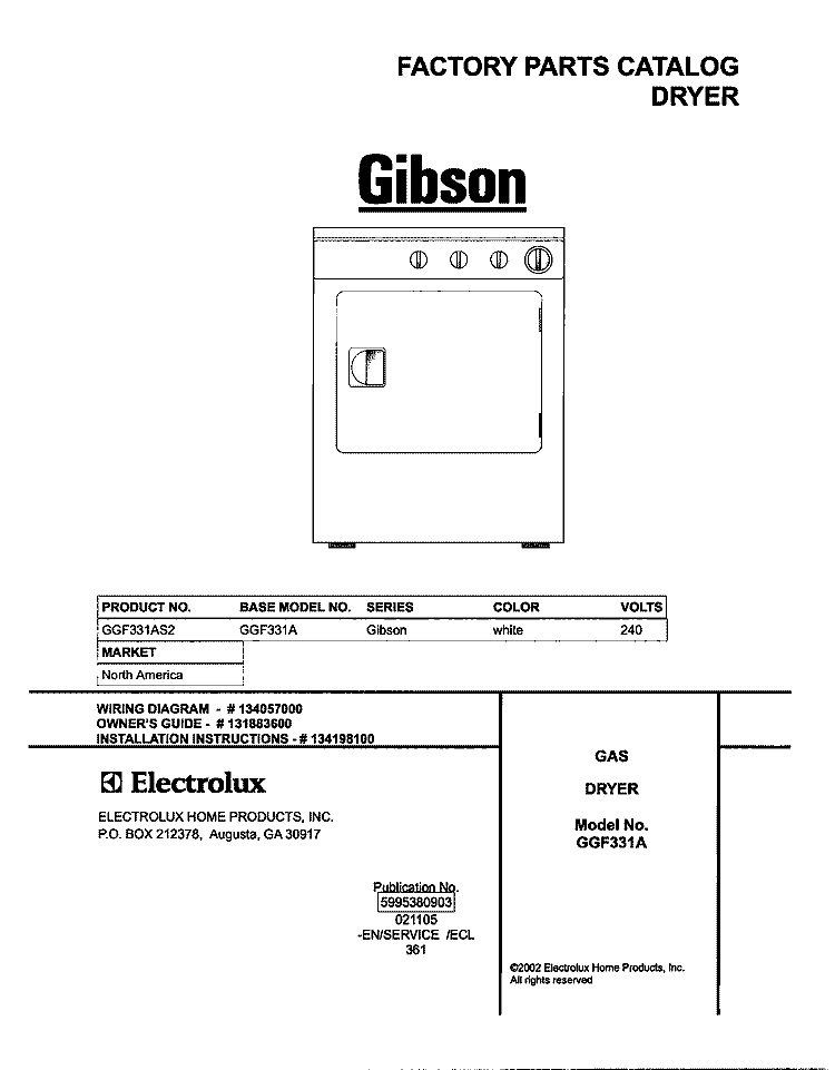 COVER Diagram and Parts List for GGF331AS2  Gibson Dryer