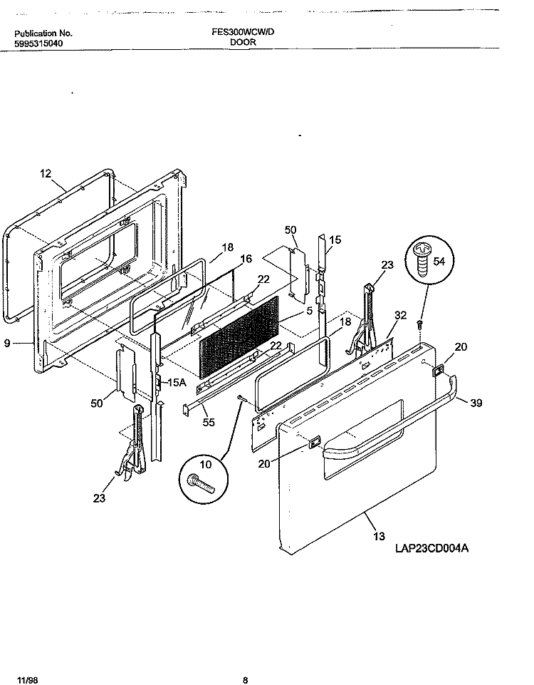 DOOR Diagram and Parts List for FES300WCDC  Frigidaire Range