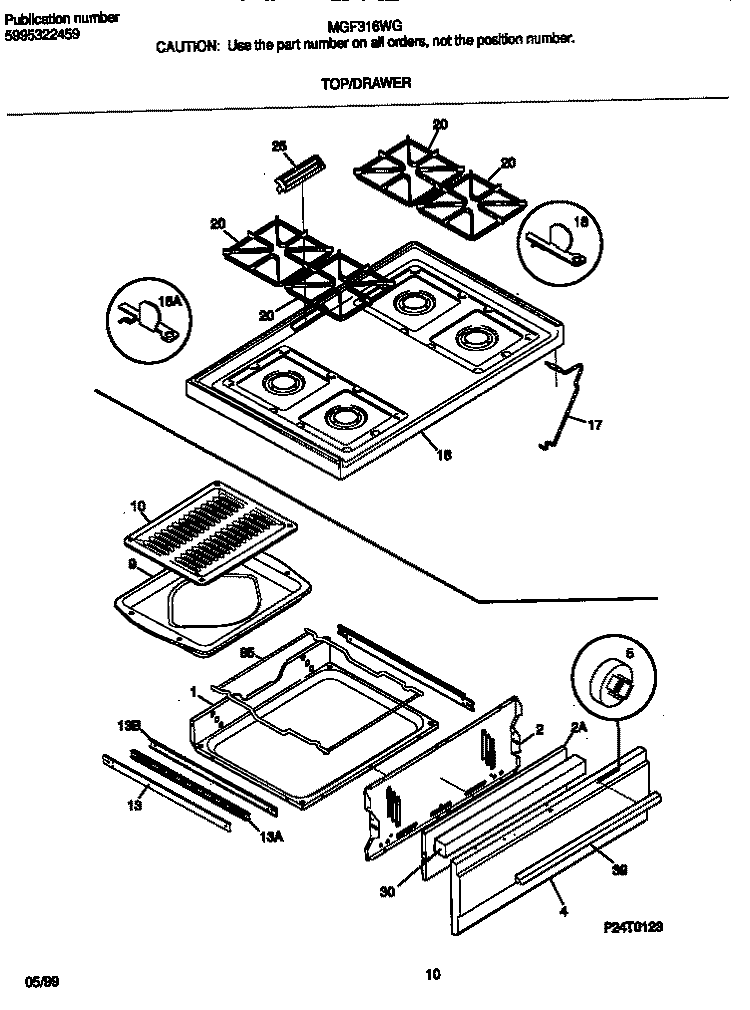 TOP / DRAWER Diagram and Parts List for MGF316WGSD  Frigidaire Range