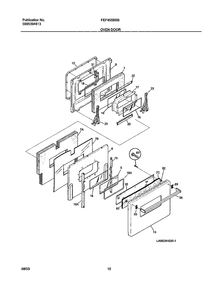 OVEN DOOR Diagram and Parts List for FEF455BBB  Frigidaire Range