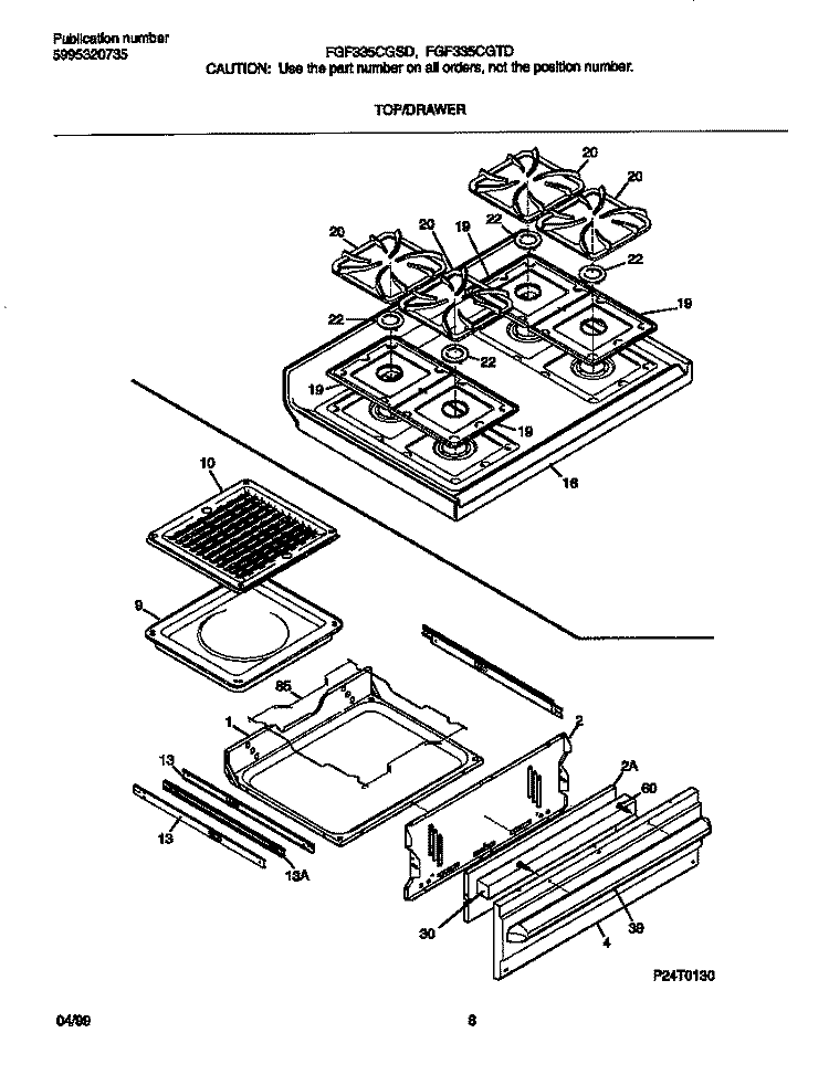 TOP / DRAWER Diagram and Parts List for FGF335CGTE  Frigidaire Range