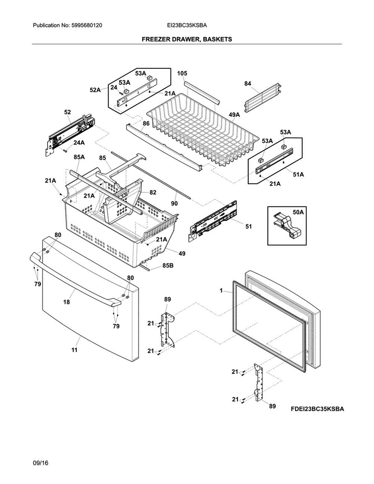 Freezer Drawer, Baskets Diagram and Parts List for EI23BC35KSBA  Electrolux Refrigerator