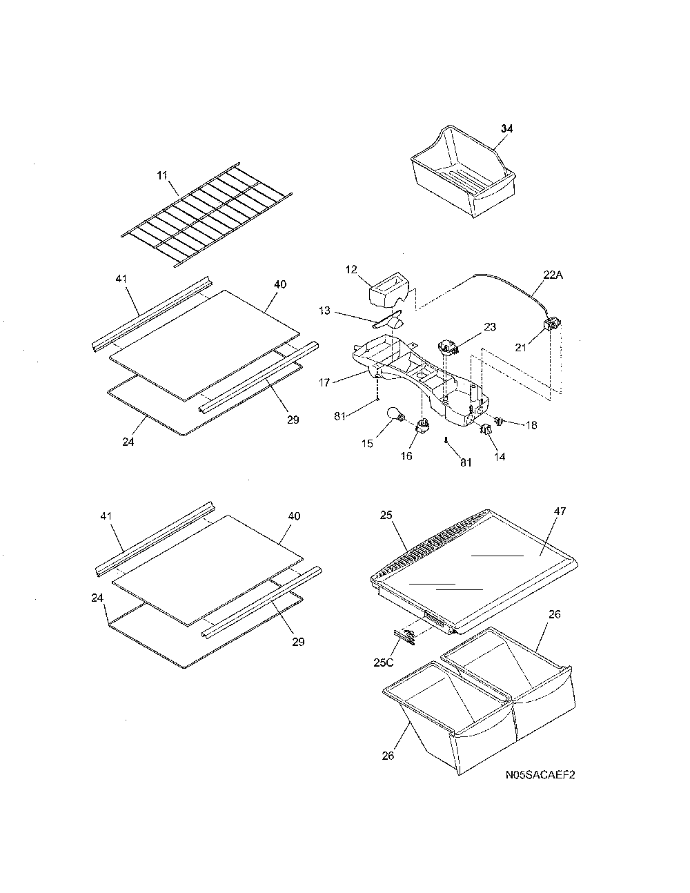 Shelves Diagram and Parts List for 2537888301E  Kenmore Refrigerator