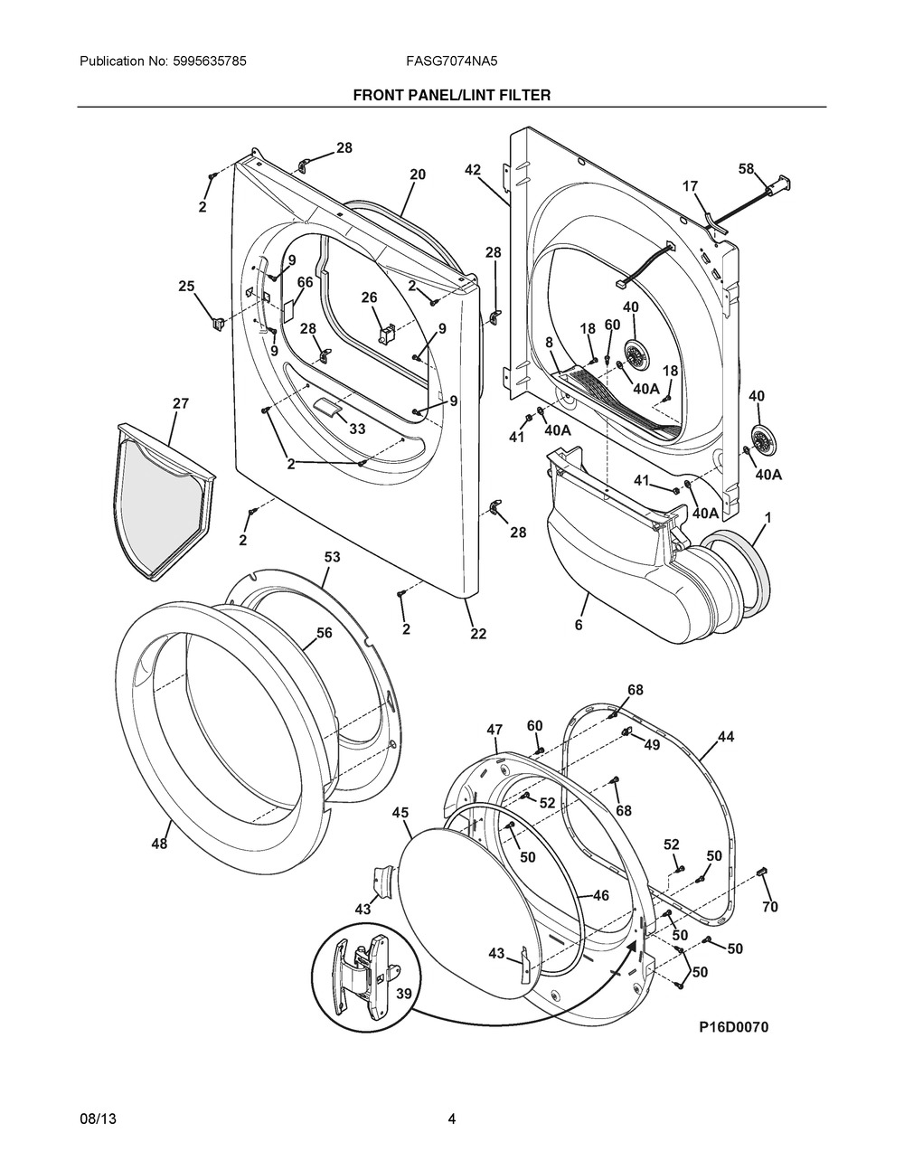 Front Panel/lint Filter Diagram and Parts List for FASG7074NA5  Frigidaire Dryer