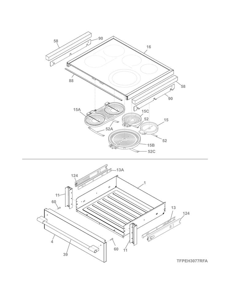 Top/drawer Diagram and Parts List for FPEH3077RFA  Frigidaire Range