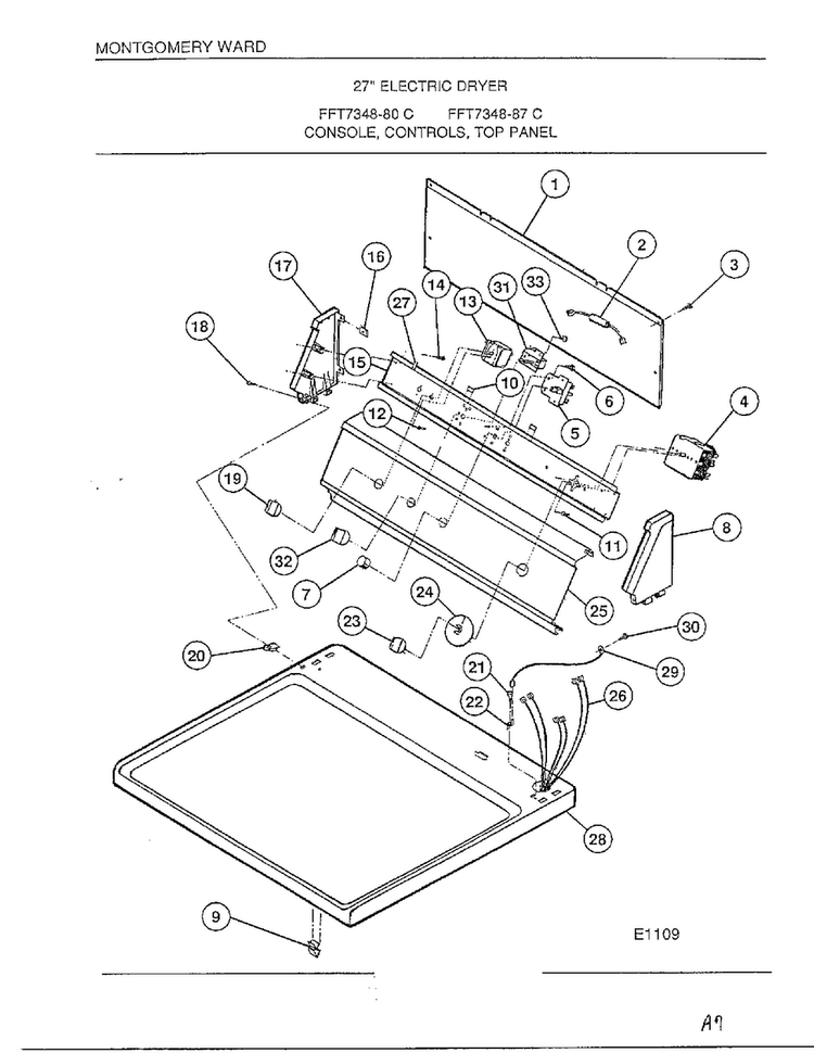 Console/controls/top Panel Diagram and Parts List for 7348-80C  Frigidaire Dryer