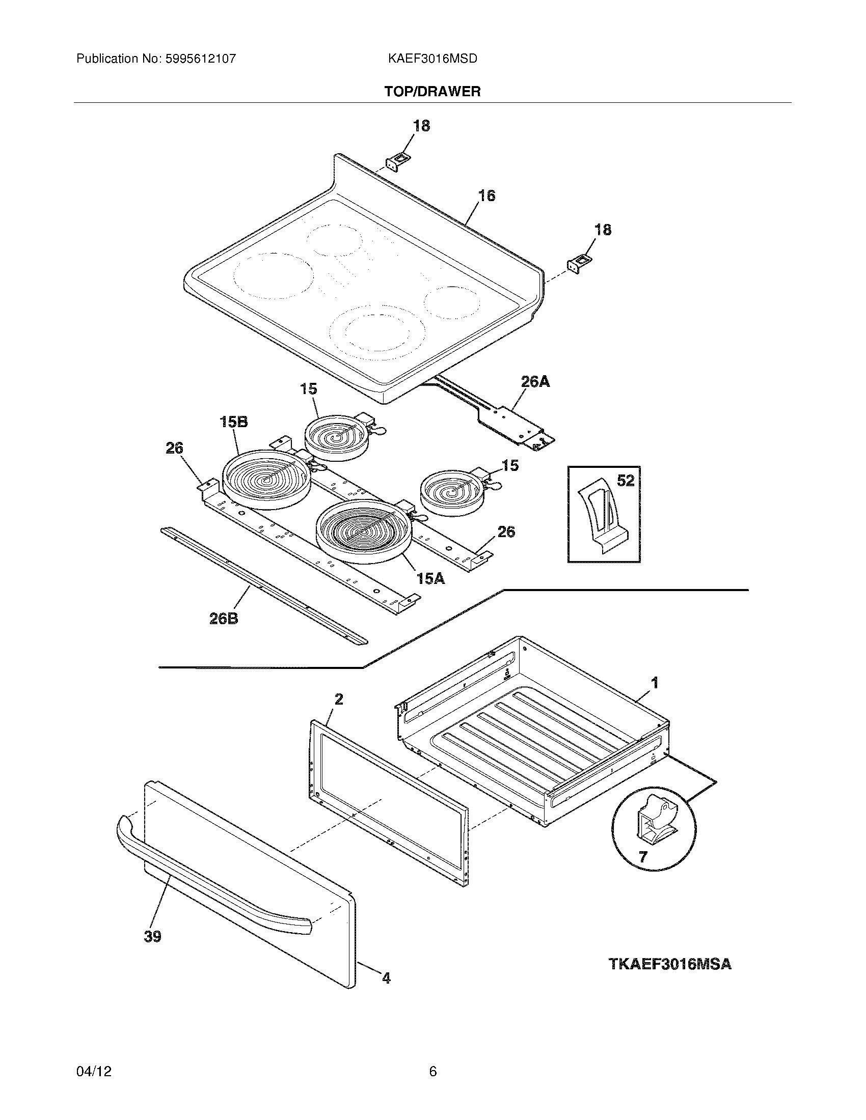 07 - TOP/DRAWER Diagram and Parts List for KAEF3016MSD  Frigidaire Range