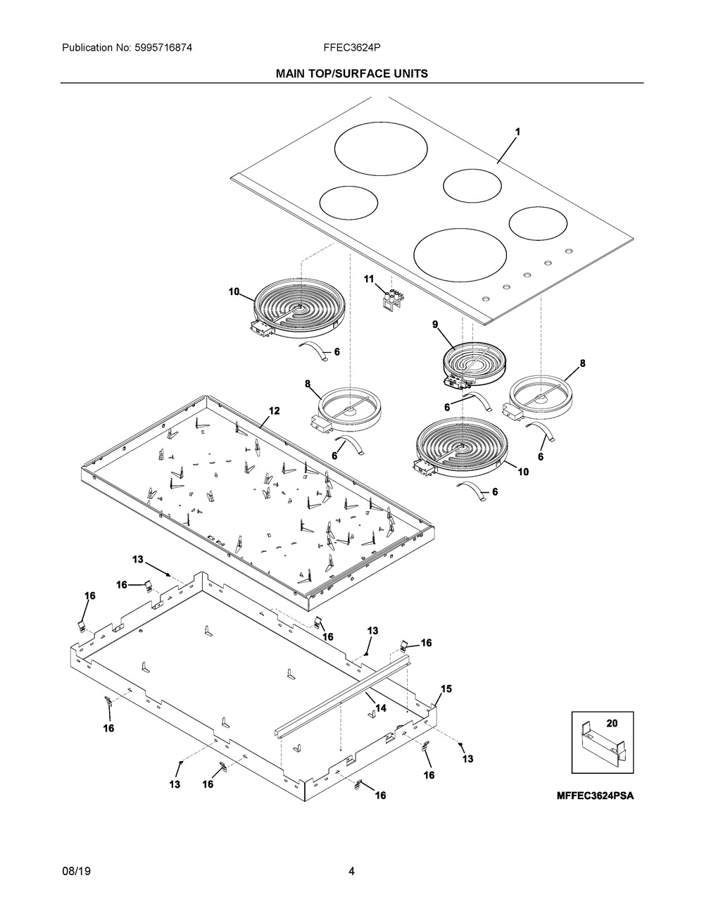 Main Top/surface Units Diagram and Parts List for FFEC3624PSB  Frigidaire Cooktop