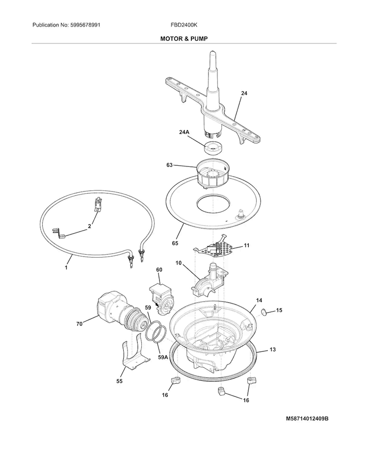 Motor & Pump Diagram and Parts List for FBD2400KB10B  Frigidaire Dishwasher