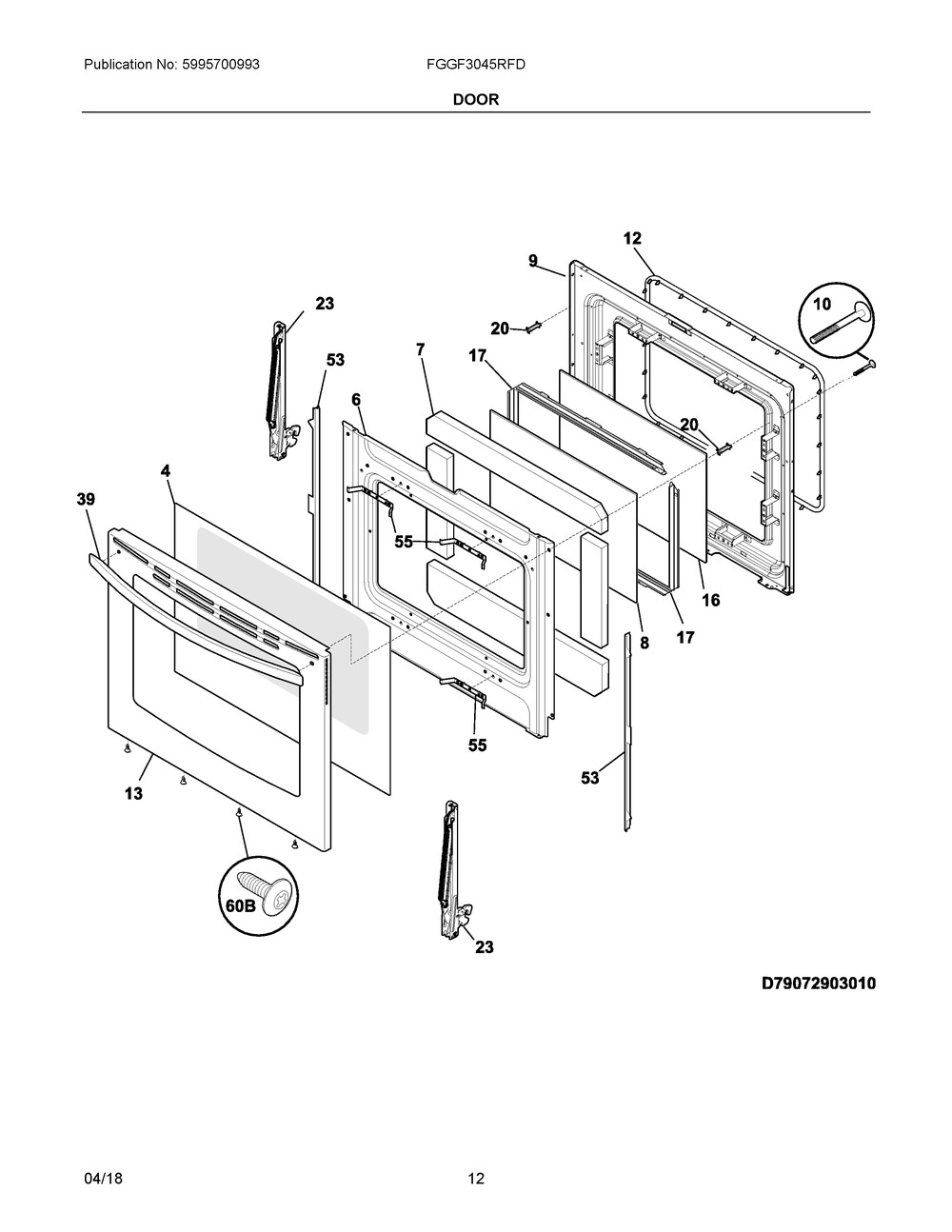 Door Diagram and Parts List for FGGF3045RFD  Frigidaire Range