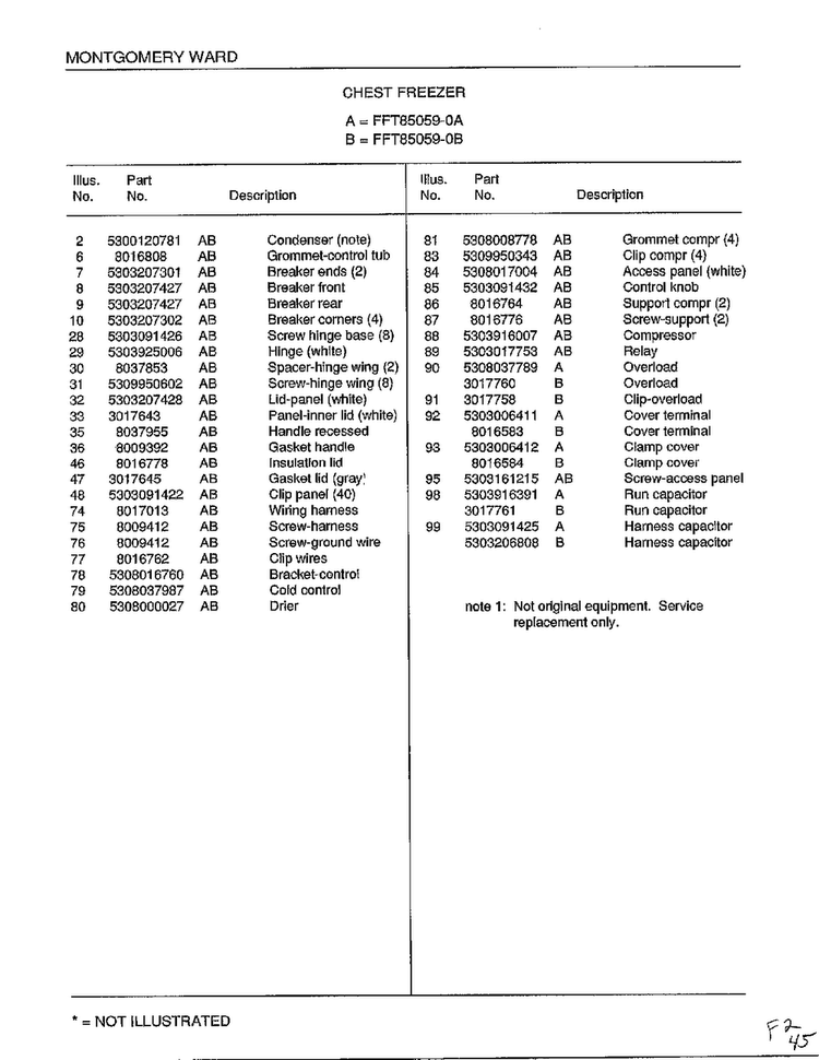 Chest Freezer Page 2 Diagram and Parts List for 85059B  Frigidaire Freezer