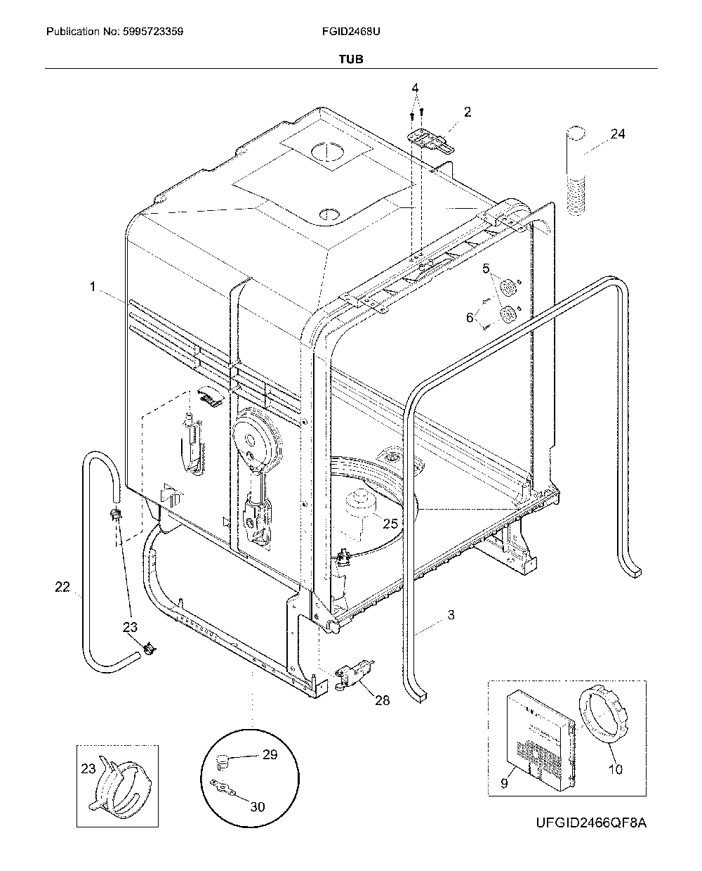 Tub Diagram and Parts List for FGID2468UF1A  Frigidaire Dishwasher
