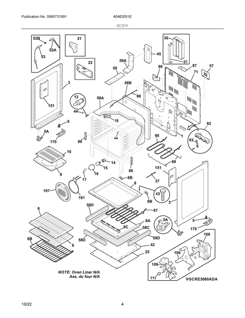 Body Diagram and Parts List for 40462051E  Frigidaire Range