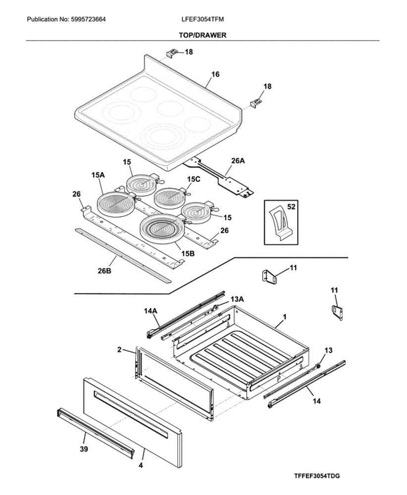 Top/Drawer Diagram and Parts List for LFEF3054TFM  Frigidaire Range