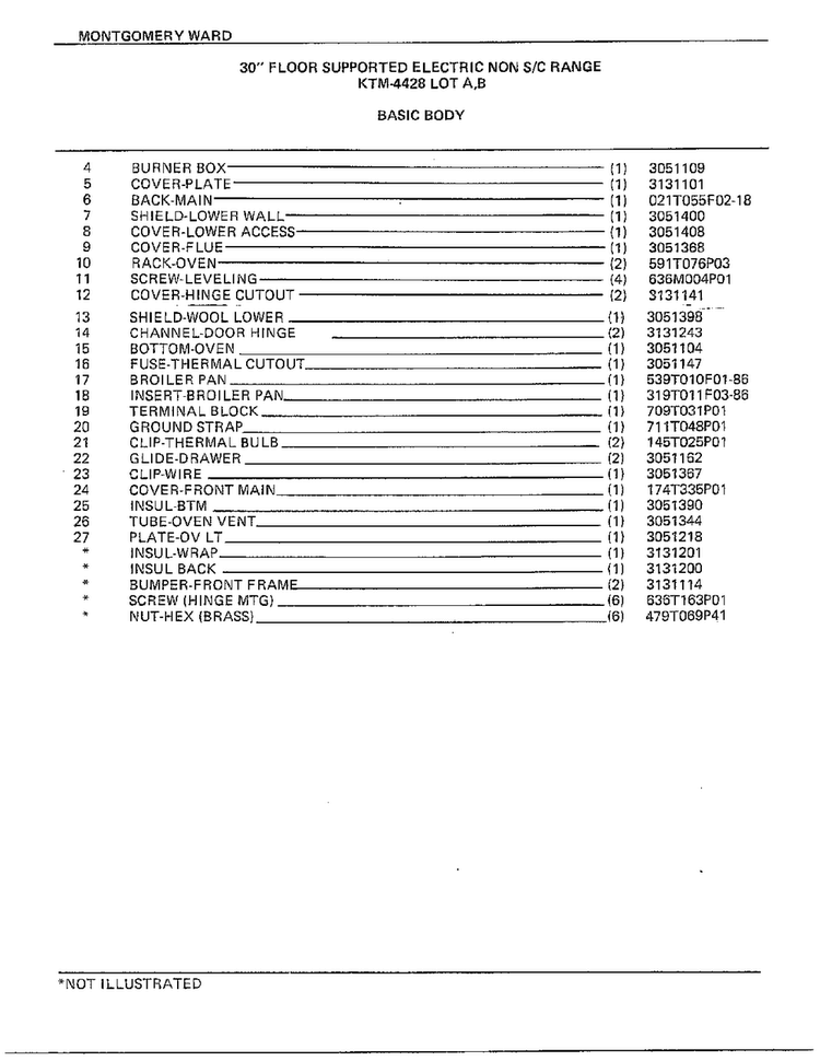 30" Floor/basic Body Page 2 Diagram and Parts List for 4428B  Frigidaire Range