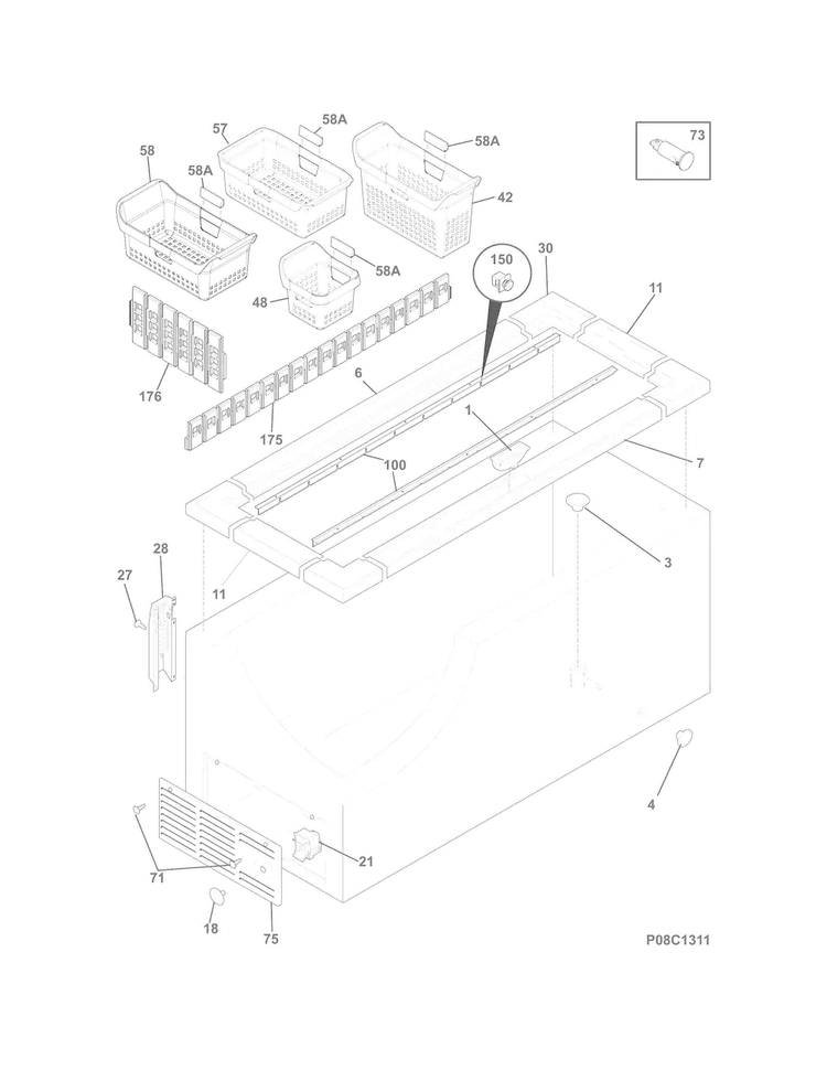 Cabinet Diagram and Parts List for FFFC22M6QWC  Frigidaire Freezer