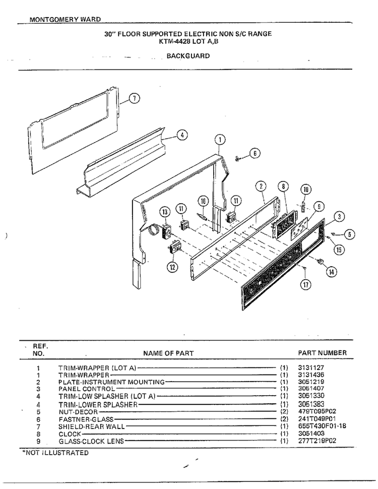 30" Floor/backguard Diagram and Parts List for 4428B  Frigidaire Range