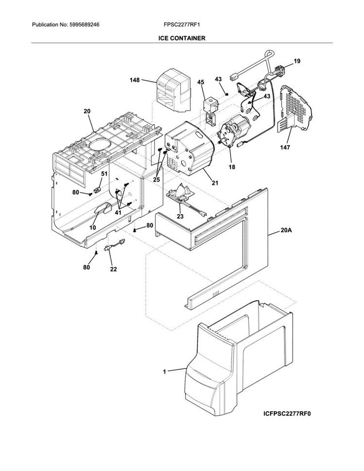 Ice Container Diagram and Parts List for FPSC2277RF1  Frigidaire Refrigerator