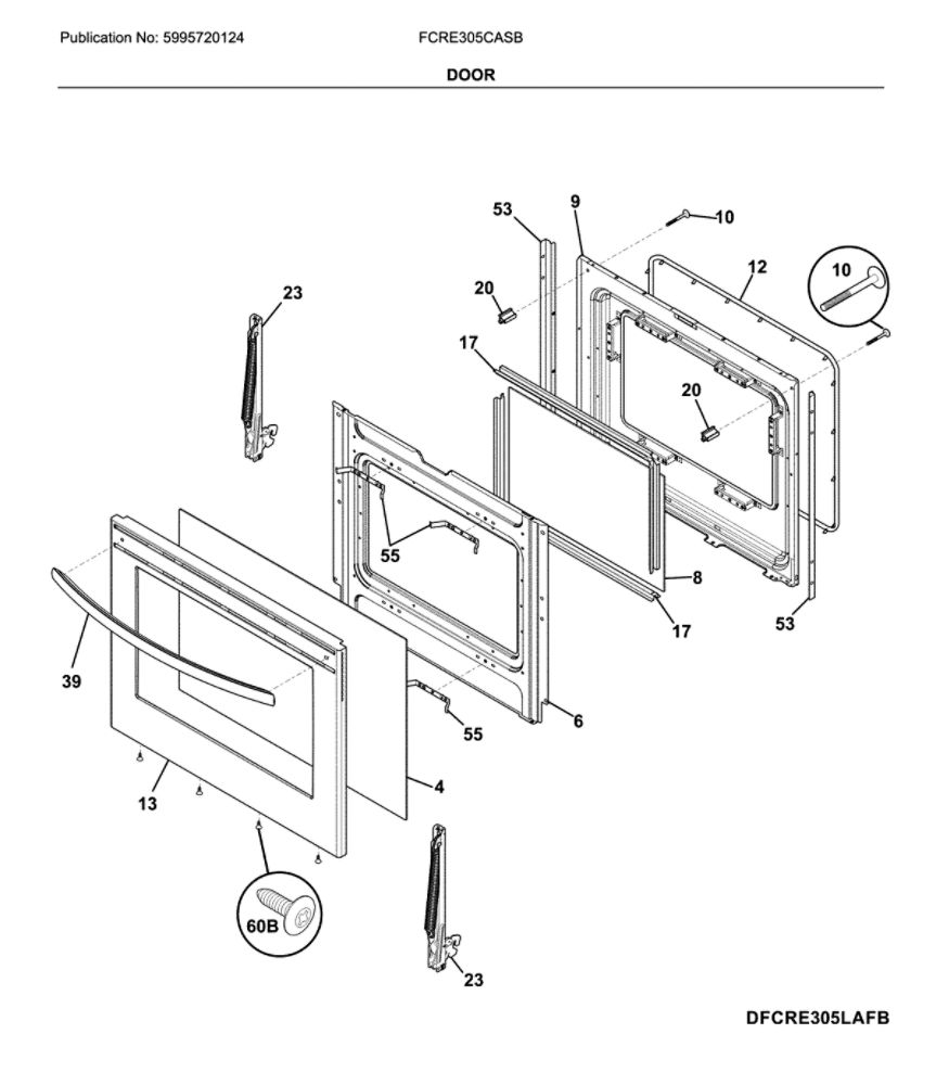 Door Diagram and Parts List for FCRE305CASB  Frigidaire Range
