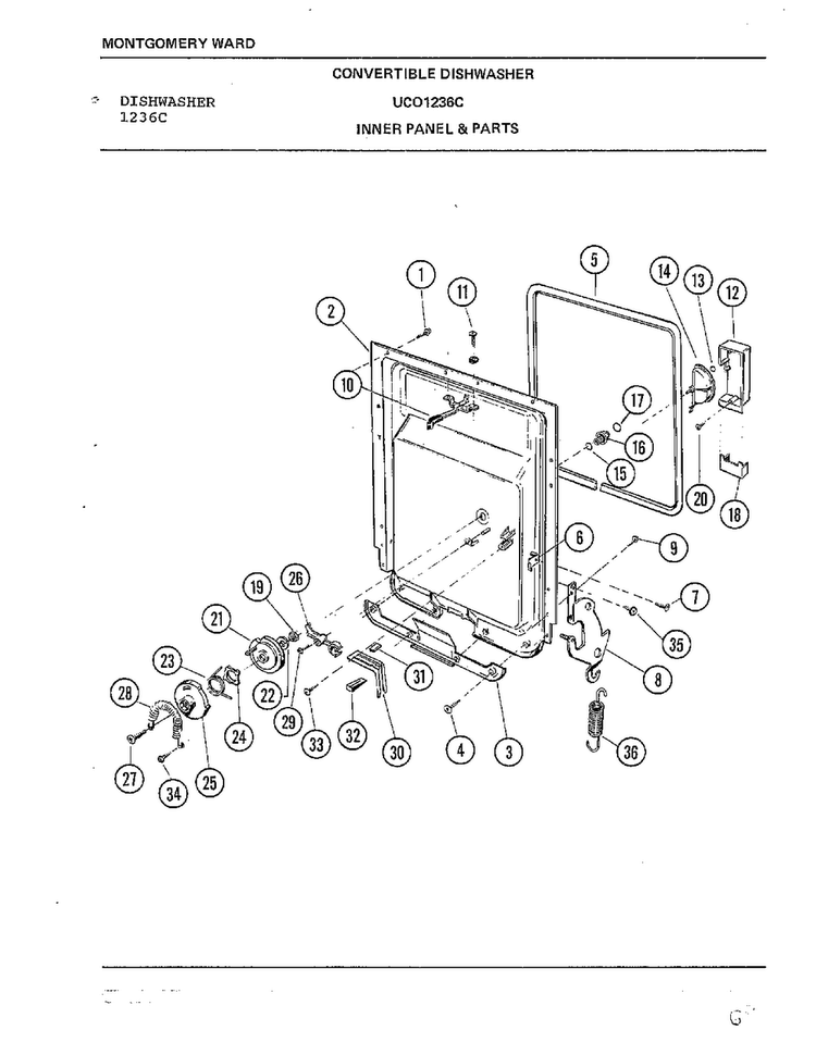 Inner Panel & Parts Diagram and Parts List for 1236C  Frigidaire Dishwasher