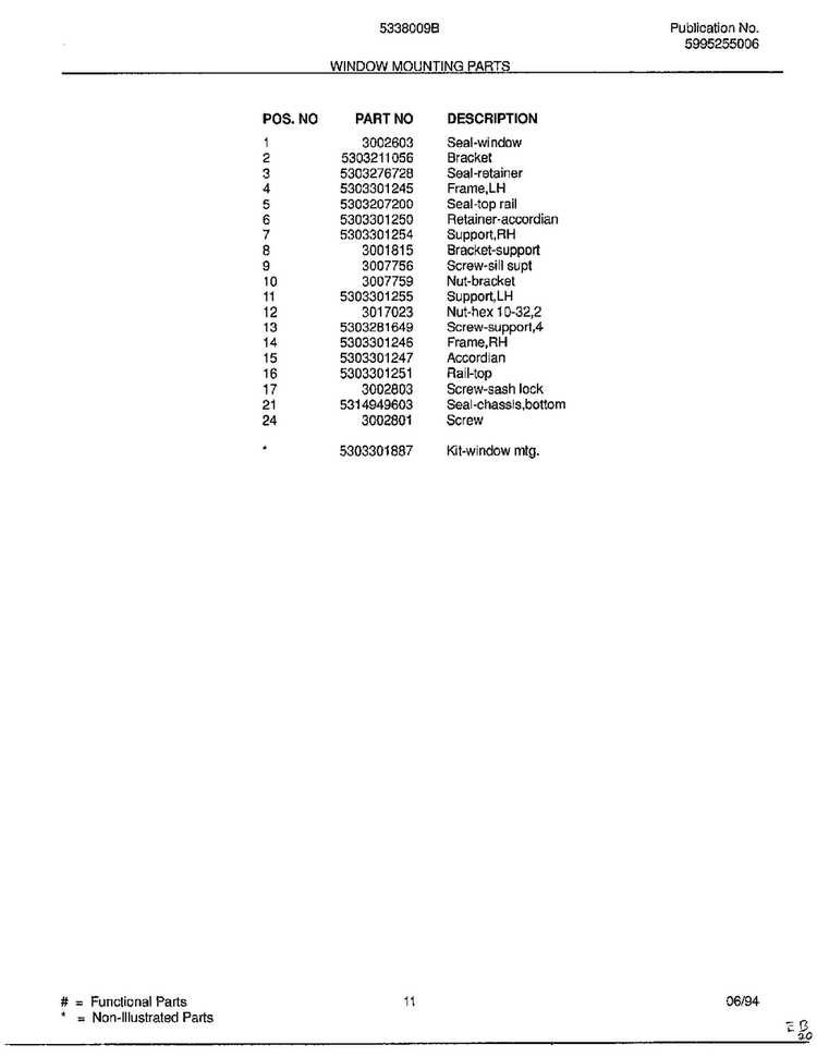 Window Mounting Parts Page 2 Diagram and Parts List for 5338009B  Frigidaire Air Conditioner