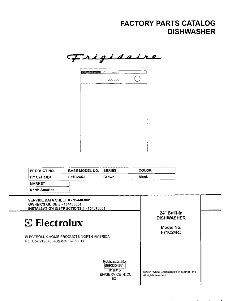 COVER Diagram and Parts List for F71C24RJB1  Frigidaire Dishwasher