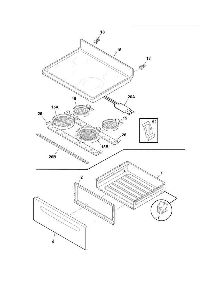 Top/drawer Diagram and Parts List for FFEF3013LMF  Frigidaire Range