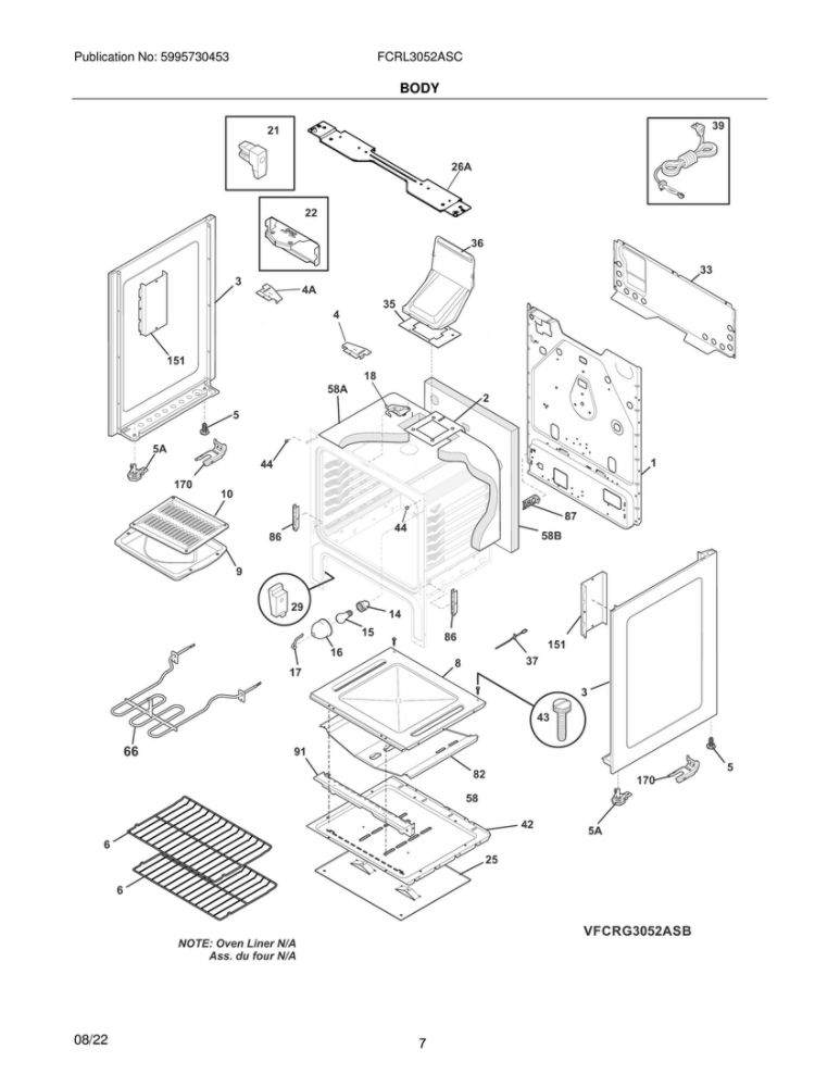 Body Diagram and Parts List for FCRL3052ASC  Frigidaire Range