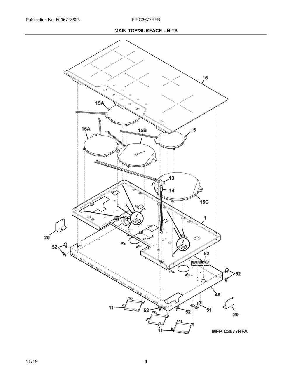 Main Top/surface Units Diagram and Parts List for FPIC3677RFB  Frigidaire Cooktop