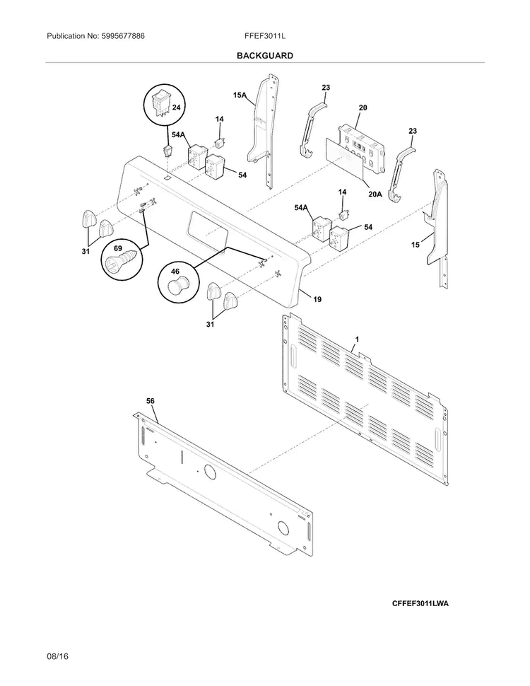 Backguard Diagram and Parts List for FFEF3011LBH  Frigidaire Range