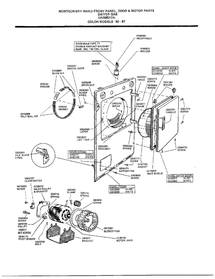 Front Panel, Door And Motor Parts Diagram and Parts List for 8517A  Frigidaire Dryer