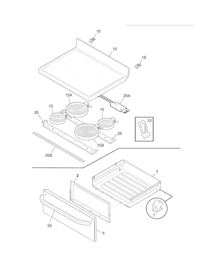 Top/drawer Diagram and Parts List for FFEF3012LSG  Frigidaire Range