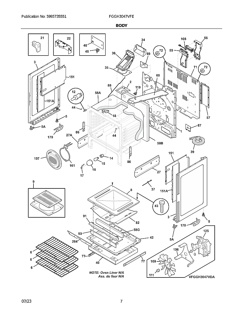 Body Diagram and Parts List for FGGH3047VFE  Frigidaire Range
