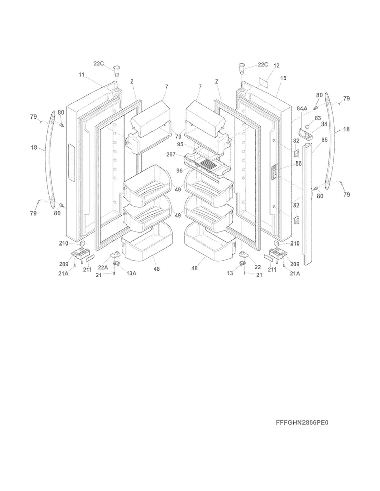 Fresh Food Doors Diagram and Parts List for FGHN2866PF2  Frigidaire Refrigerator