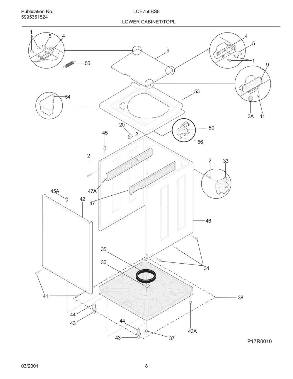 Lower Cabinet/Top Diagram and Parts List for LCE756BS8  Frigidaire Dryer