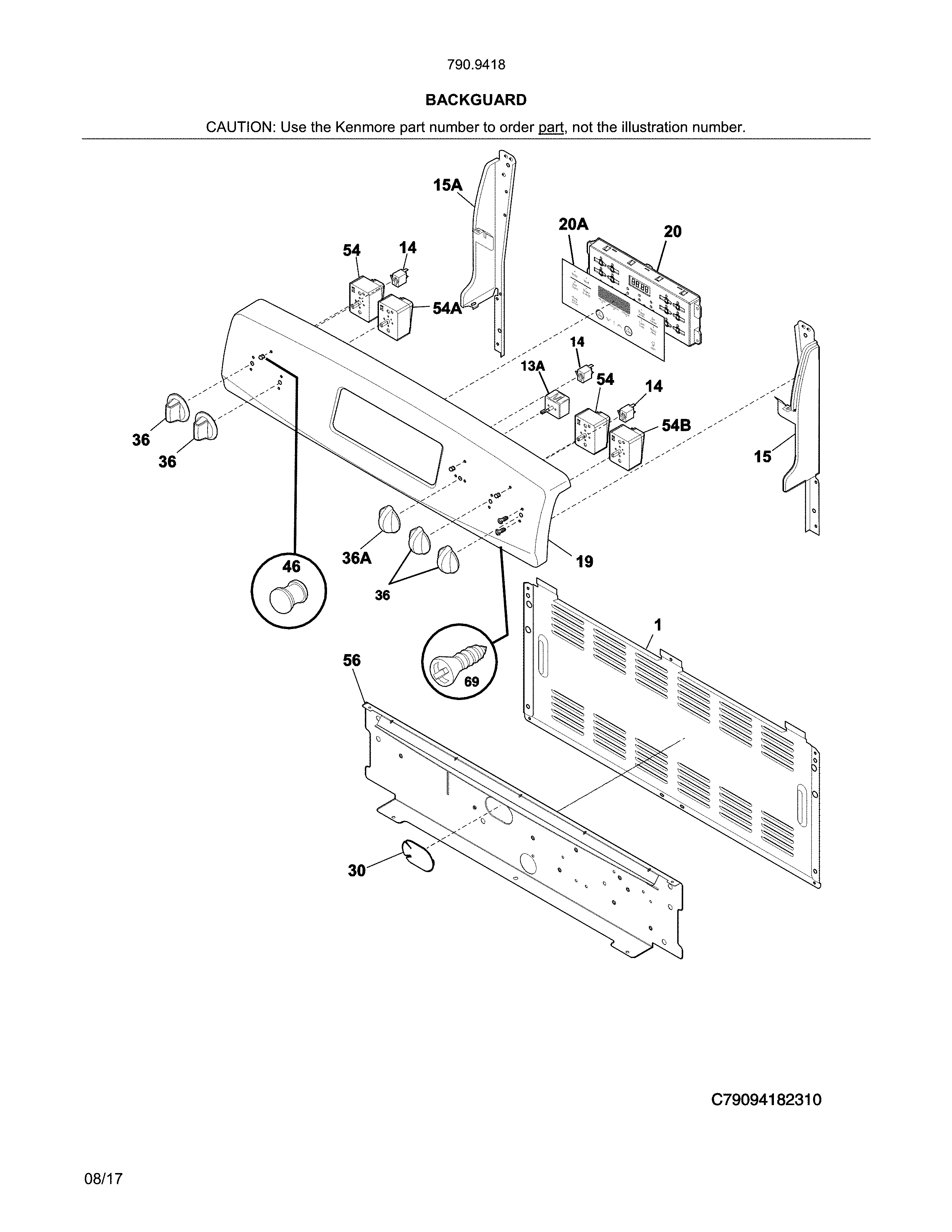 Backguard Diagram and Parts List for 79094184311  Kenmore Range