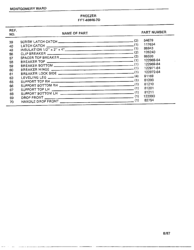 Freezer Page 2 Diagram and Parts List for 40846-7D  Frigidaire Freezer