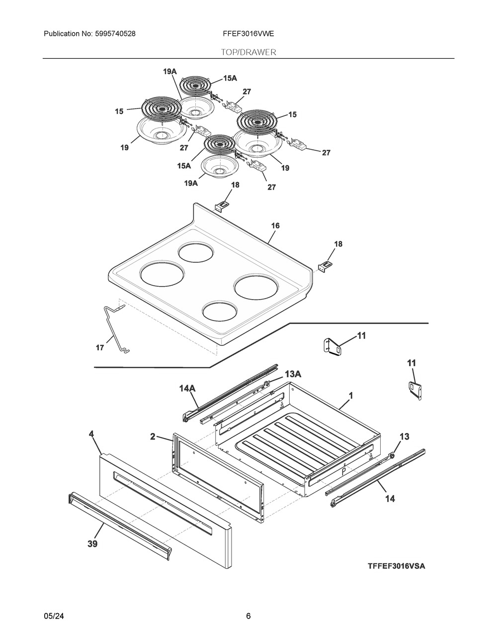 Top/Drawer Diagram and Parts List for FFEF3016VWE  Frigidaire Range