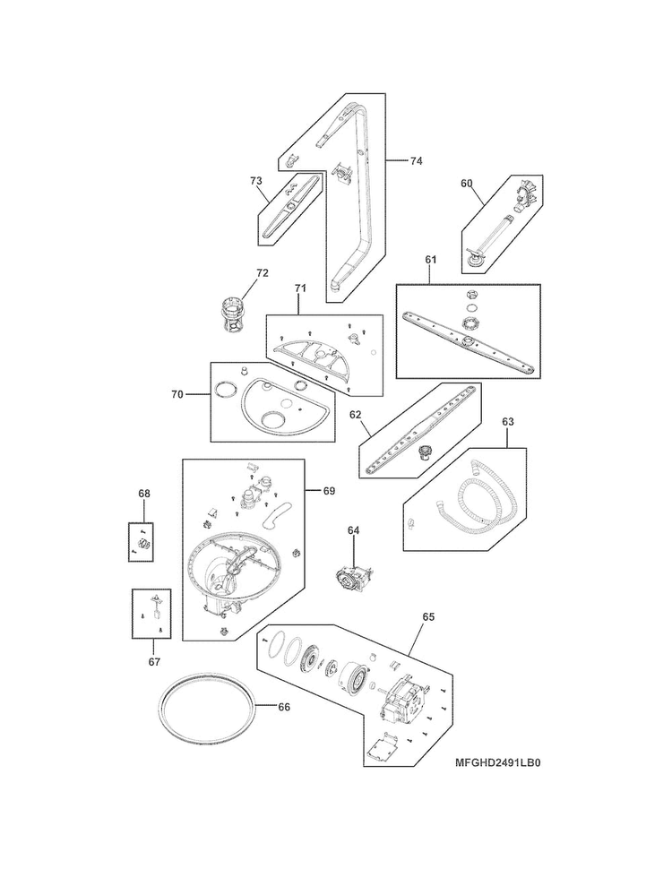 Motor & Pump Diagram and Parts List for FGHD2472PF1A  Frigidaire Dishwasher
