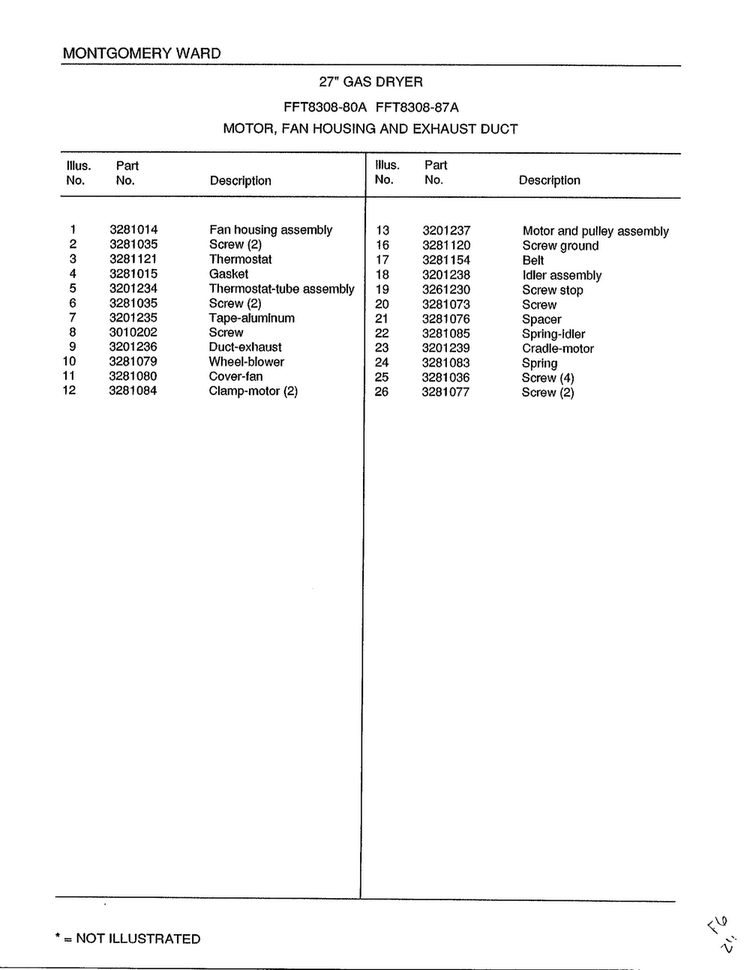 Motor/fan Housing And Exhaust Duct Page 2 Diagram and Parts List for 8308A  Frigidaire Dryer