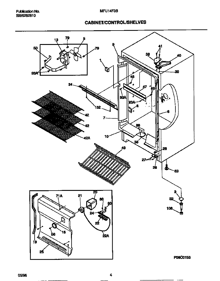 CABINET / CONTROL / SHELVES Diagram and Parts List for MFU14F3BW4  Frigidaire Freezer