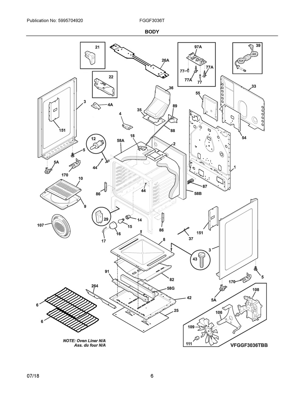 Body Diagram and Parts List for FGGF3036TWB  Frigidaire Range