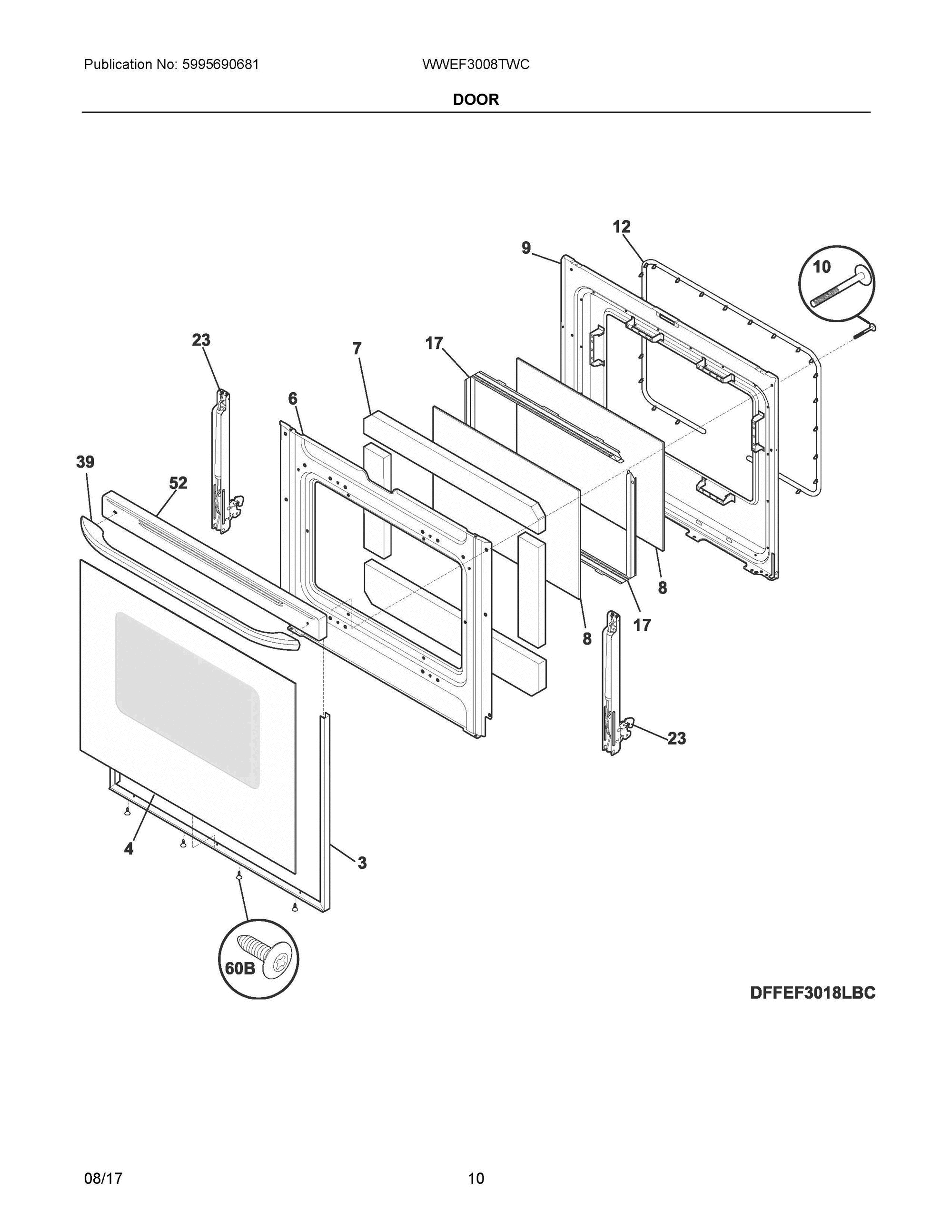 05 - DOOR Diagram and Parts List for WWEF3008TWC  Frigidaire Range