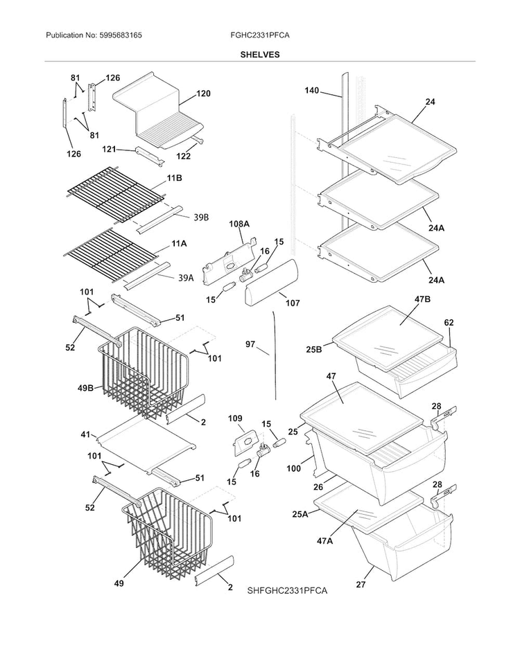 Shelves Diagram and Parts List for FGHC2331PFCA  Frigidaire Refrigerator