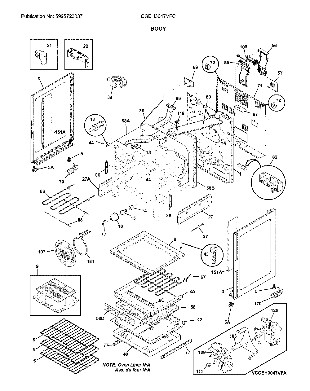 Body Diagram and Parts List for CGEH3047VFC  Frigidaire Range