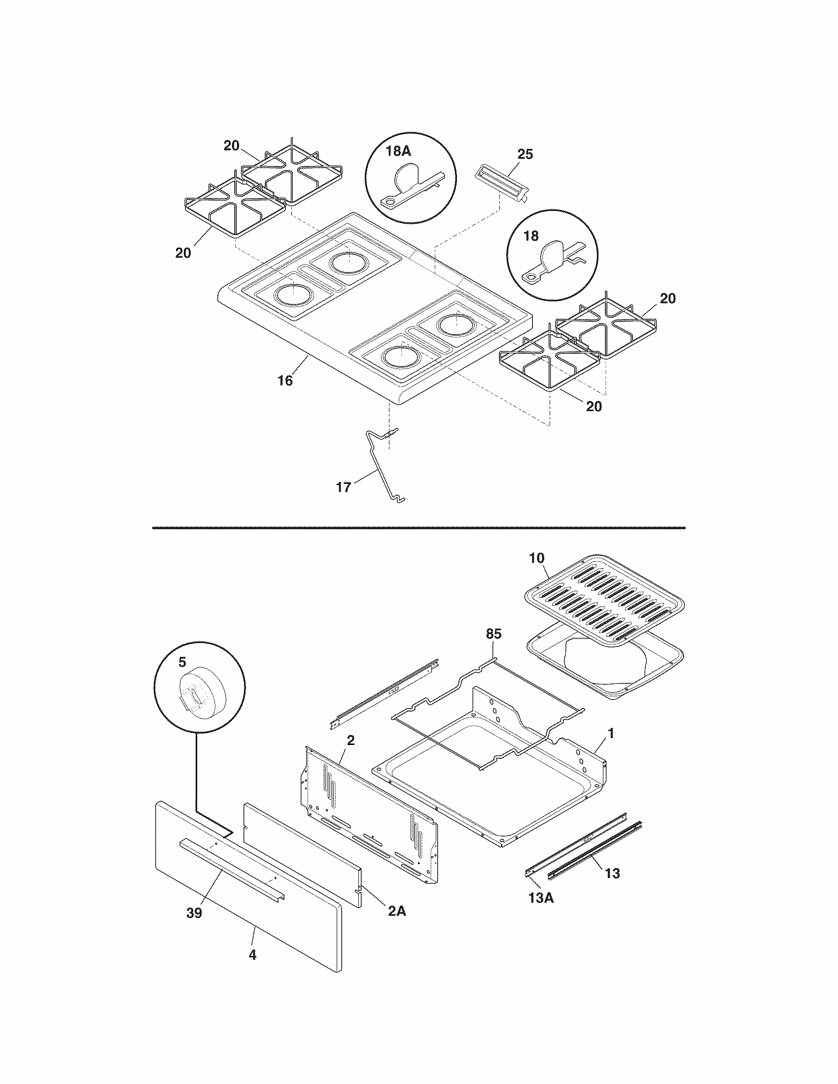 Top/drawer Diagram and Parts List for 79070300706  Kenmore Range