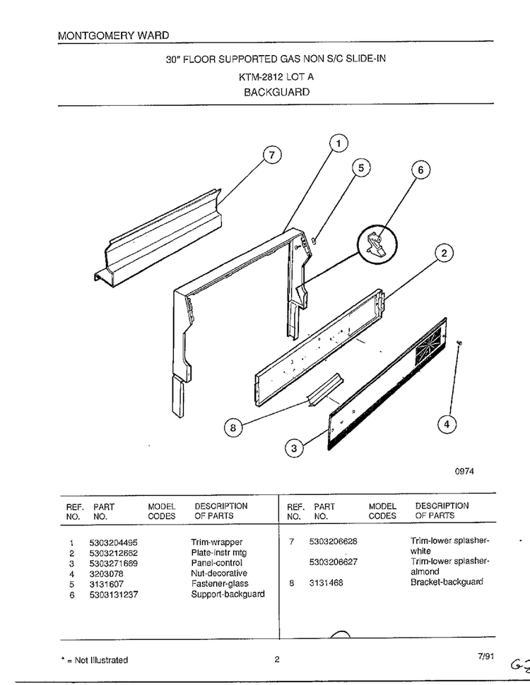 Backguard Diagram and Parts List for 2812A  Frigidaire Range